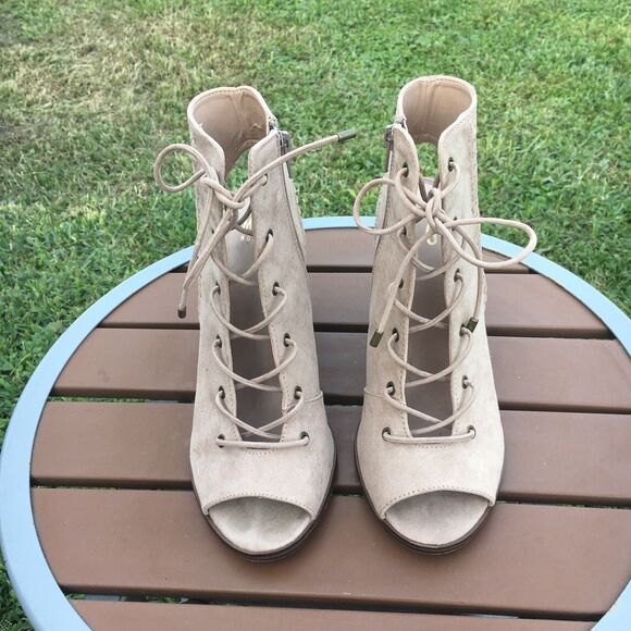 Mix No 6 Womens Sz 10 Camona Lace Up Block Heels Beige Suede Peep Toe - Picture 1 of 12
